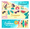 Banners set with various summer illustrations. Male and female characters on the beach Royalty Free Stock Photo