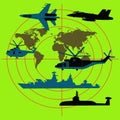 Banners with silhouettes of a ship, submarine and helicopter, plane