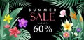 Banners Summer sale tropical vector with green leaf and flower