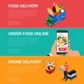 Banners for web site online food order, food delivery and drone delivery. Royalty Free Stock Photo