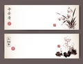 Banners with wild orchid and lotus flowers in vintage style. Traditional oriental ink painting sumi-e, u-sin, go-hua