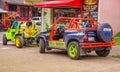 BANOS, ECUADOR, AUGUST, 17, 2018: Outdoor view of car 4x4 parked at one side of the street of the city of Banos, Ecuador