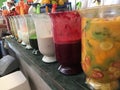 Banos, Ecuador, 18-7-2019: A large line of all sorts of fresh and healthy juices