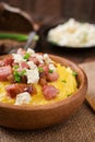 Banosh - Ukrainian Hutsul meal (maize porridge) with bacon Royalty Free Stock Photo