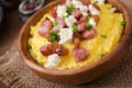 Banosh - Ukrainian Hutsul meal (maize porridge) with bacon Royalty Free Stock Photo