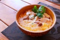 Banosh - Ukrainian Hutsul meal - maize porridge - with bacon, cracklings and cheese Royalty Free Stock Photo