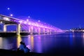 Banpo bridge rainbow fountain show at night in Seoul, Soth Korea. Royalty Free Stock Photo