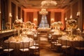 A banquet hall with tables, chairs, and chandeliers