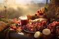 Banquet after the harvest. best quality farm ranch goods. A rustic wood table with abundant fruits, vegetables Royalty Free Stock Photo
