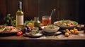 Banquet Set of Delicious Mediterranean Food with Drinks . Generative AI Royalty Free Stock Photo