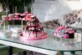 Banquet table for a banquet in a restaurant.chic pink cake, kids cake, birthday cake, sweet table,candy bar,