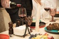 Banquet table in the restaurant. Focus on glasses. Royalty Free Stock Photo
