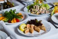 Banquet table with salmon pancakes