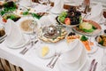 Banquet wedding table setting on evening reception Royalty Free Stock Photo