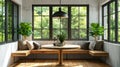 a banquette nook with black windows and a wooden round dining table, inspired by studio aesthetics, the cozy ambiance