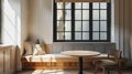 a banquette nook with black windows and a wooden round dining table, inspired by studio aesthetics, the cozy ambiance