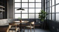 a banquette nook with black windows and a wooden round dining table, inspired by studio aesthetics, the cozy ambiance