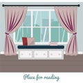 Banquette with pillow and books near the window. Place for reading and relaxing. Vector illustration.