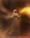 Banshee fairy. Pale girl blonde, like a ghost, in a white vintage dress, flies, hovers in space. Branch of the soul. The Royalty Free Stock Photo