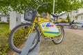 Parked rentable bikes in the coastal town Bansin on the island Usedom, Germany