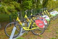 Parked rentable bikes in the coastal town Bansin on the island Usedom, Germany