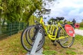 Parked rentable bikes in the coastal town Bansin on the island Usedom, Germany