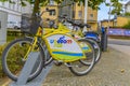 Parked rentable bikes in the coastal town Bansin on the island Usedom, Germany