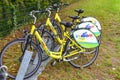 Parked rentable bikes in the coastal town Bansin on the island Usedom, Germany