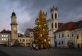 Banska Bystrica, Slovakia - January 11th, 2020: Main square of Slovak National Uprising in Christmas time in the evening..