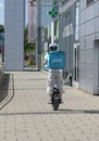 Banska Bystrica, Slovakia - July, 16 , 2022 : Wolt courier at work in Banska Bystrica. Food delivery service