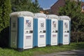 Banska Bystrica, Slovakia - September, 3, 2022 : Toi Toi portable public toilets in the city park. Banska Bystrica. Slovakia