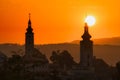 Banska Bystrica towers during sunrise Royalty Free Stock Photo