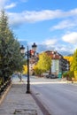 Bansko, Bulgaria autumn street and mountain view Royalty Free Stock Photo