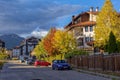 Bansko, Bulgaria autumn street and mountain view Royalty Free Stock Photo