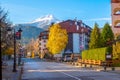 Bansko, Bulgaria autumn street and snow mountain Royalty Free Stock Photo