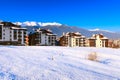 Bansko, Bulgaria chalets and snow mountains banner Royalty Free Stock Photo