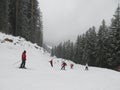 View of the ski slope in cloudy weather and a snowstorm, a lot of skiers and snowboarders on the descent