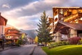 Bansko, Bulgaria autumn street and mountain view Royalty Free Stock Photo