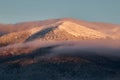 Bansko, Bulgaria. Snow mountain peak at sunrise