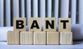 BANT - acronym on wooden cubes in a notebook on the background of books