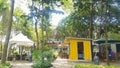 Outdoor container cafe in the park with shady trees