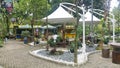 Outdoor container cafe in the park with shady trees at Indonesia Open University