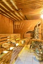 Banya and Bath House Ideas. Interior of Small Finnish Russian Wooden Banya Or Sauna With Sauna Acessories Royalty Free Stock Photo