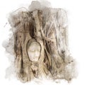 Banyan roots covering the buddha head.