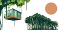 Banyan tree container treehouse suspended by vines vector graphics illustration