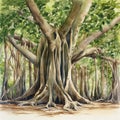 Botanical Watercolor: Joyous Figurative Art Of A Banyan Tree In Forest Royalty Free Stock Photo