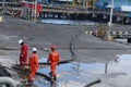 Banyuwangi, December 2022. The ship\'s crew is installing hoses for the fuel oil bunker process