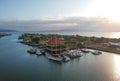 Banyuwangi, Indonesia - August 22, 2022: Drone View of the yachts docks around the Boom marina