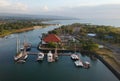 Banyuwangi, Indonesia - August 22, 2022: Drone View of the yachts docks around the Boom marina