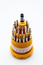 Banyuwangi,Indonesia 11 october 2025-Yellow Magnetic Screwdriver Bit Set With Multiple Bits and Precision Handle on white backgrou Royalty Free Stock Photo